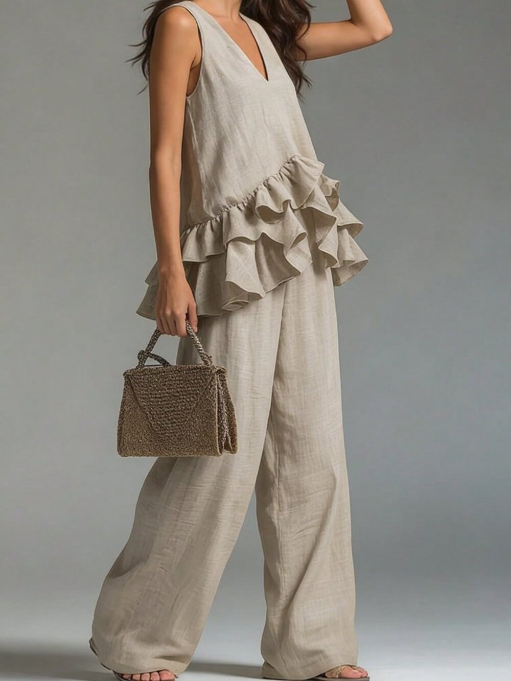 Khaki Boho Women's Ruffle Hem V-Neck Top And Loose Pants Set - Picture 4 of 6
